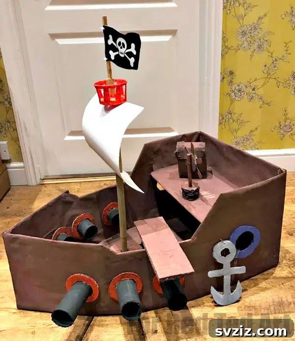 40+ Fun Cardboard Crafts for the Whole Family 29 DIY Cardboard Pirate Boat for Kids