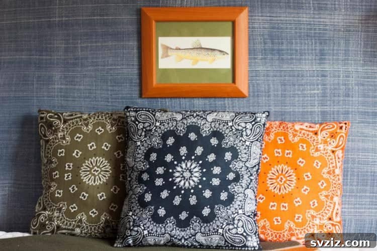 Effortless Stitching: 47 Projects for Every Skill Level 23 A trio of colorful DIY bandana pillows in different patterns, adding a rustic charm to home decor.
