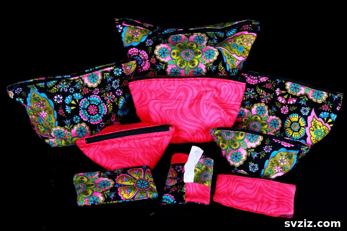 Effortless Stitching: 47 Projects for Every Skill Level 25 A vibrant, multi-compartment travel makeup bag, designed for organized storage of cosmetics.