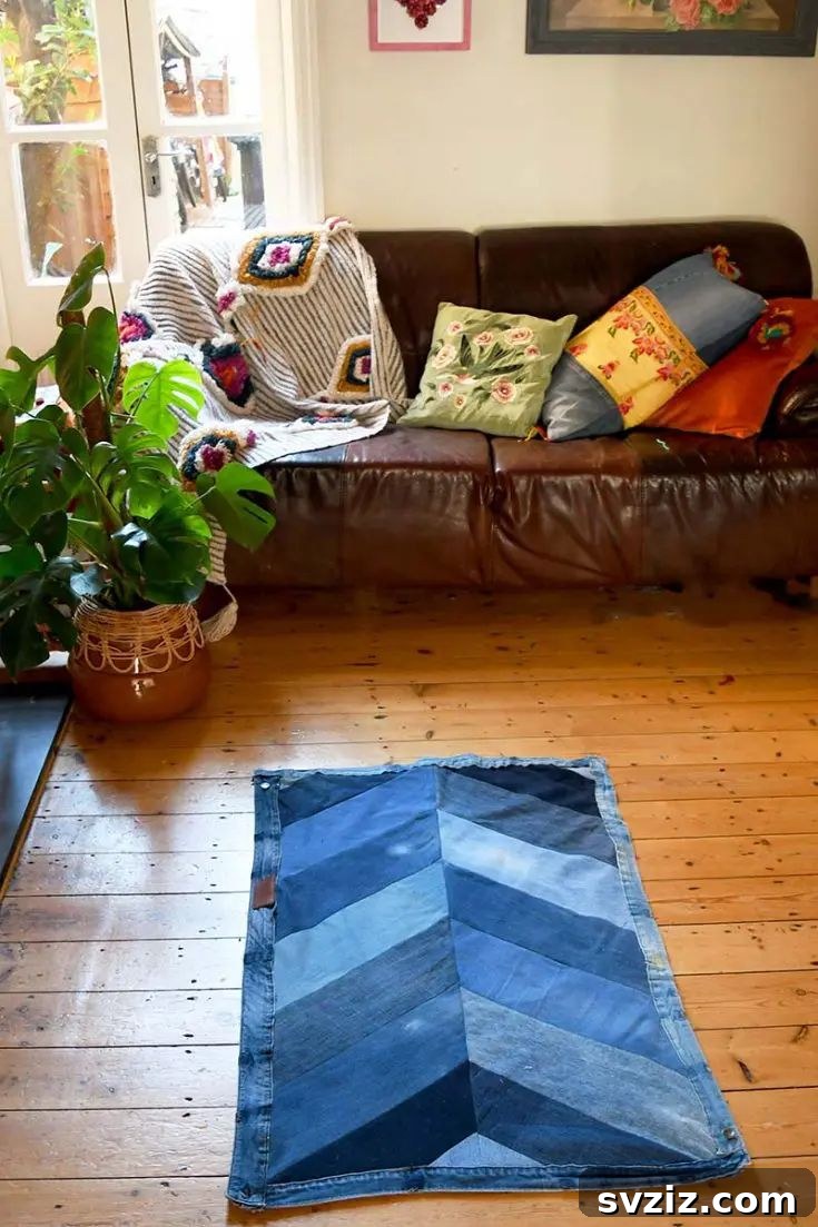 Effortless Stitching: 47 Projects for Every Skill Level 29 A stylish handmade denim chevron rug, created from upcycled jeans, adding texture to a room.