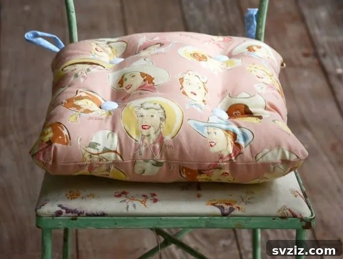 Effortless Stitching: 47 Projects for Every Skill Level 33 A comfortable, tie-on DIY chair cushion in a patterned fabric, secured to a wooden chair.