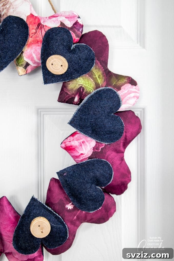Effortless Stitching: 47 Projects for Every Skill Level 35 A charming DIY heart wreath adorned with fabric scraps in various shades of pink and red.