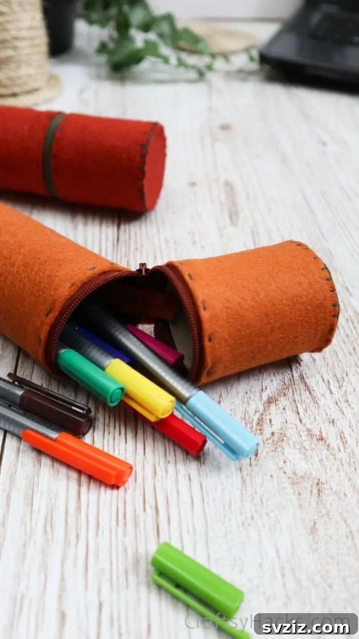 Effortless Stitching: 47 Projects for Every Skill Level 6 A creatively designed DIY pencil case made from upcycled toilet paper rolls and colorful felt.