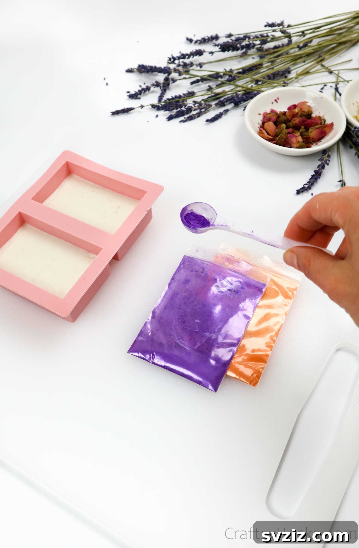 Your Guide to Crafting Homemade Soap 17 Mixing purple mica powder into melted soap base for coloring
