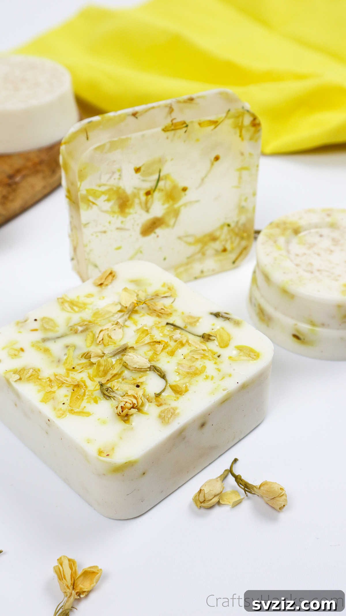 Your Guide to Crafting Homemade Soap 3 DIY soap bar with embedded yellow dried flowers