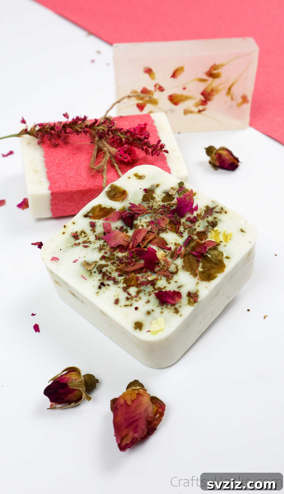Your Guide to Crafting Homemade Soap 4 Rectangular soap bar adorned with red dried flowers