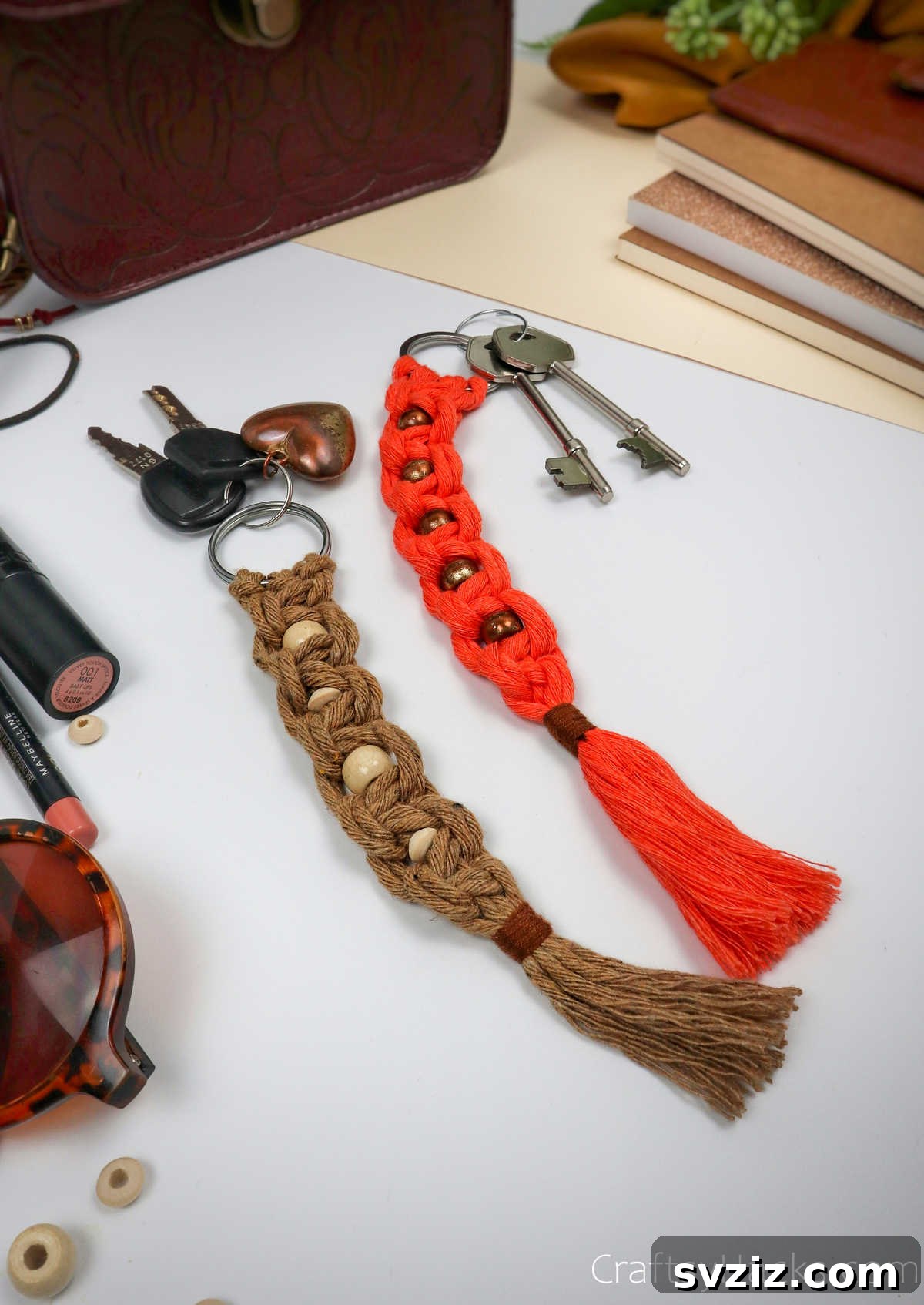 Two intricately knotted macrame keychains in different colors, showcasing personalized handmade accessories.