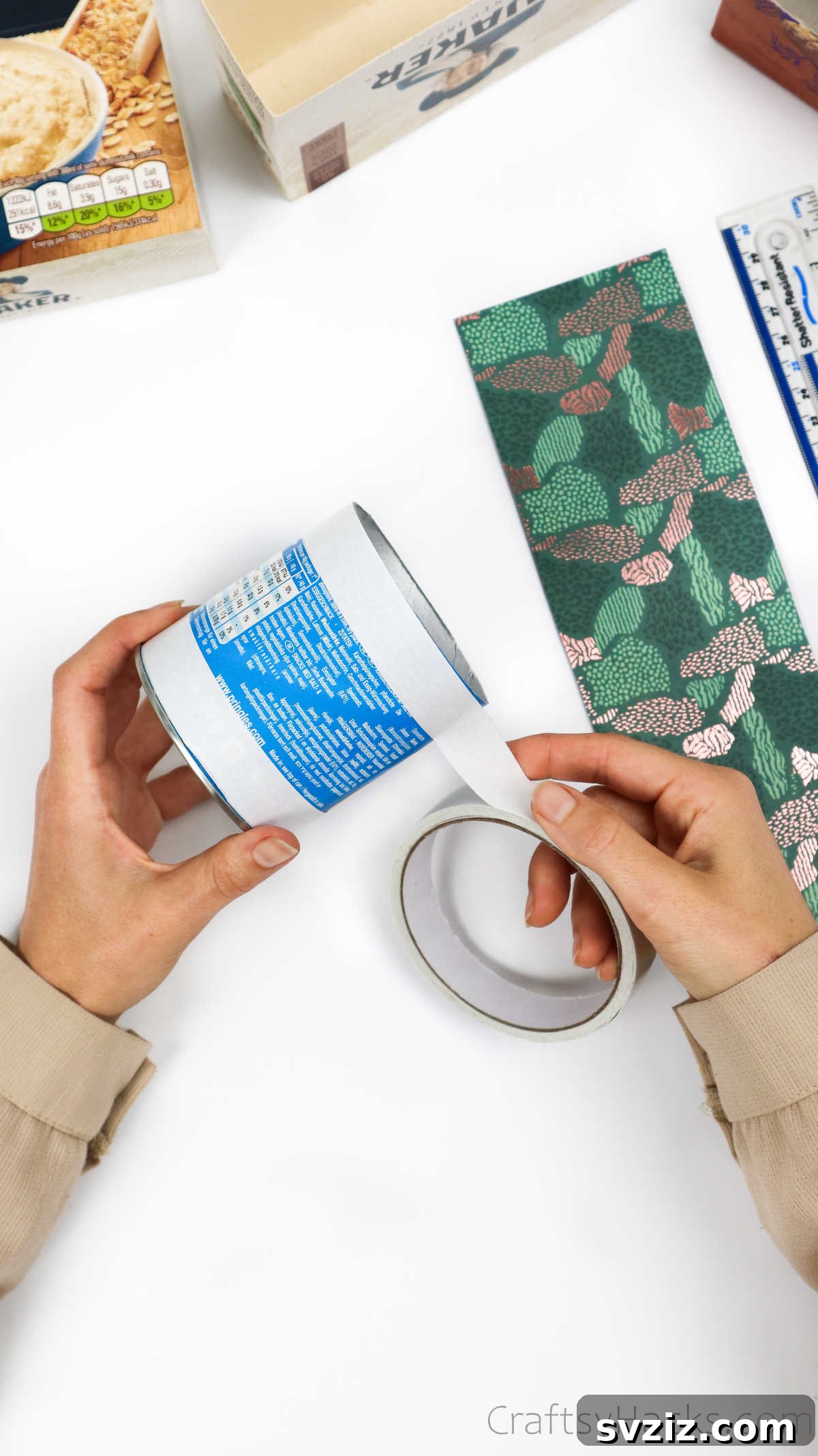 Eco-Chic Desk Organizer from Kitchen Recyclables 26 applying double-sided tape to food container