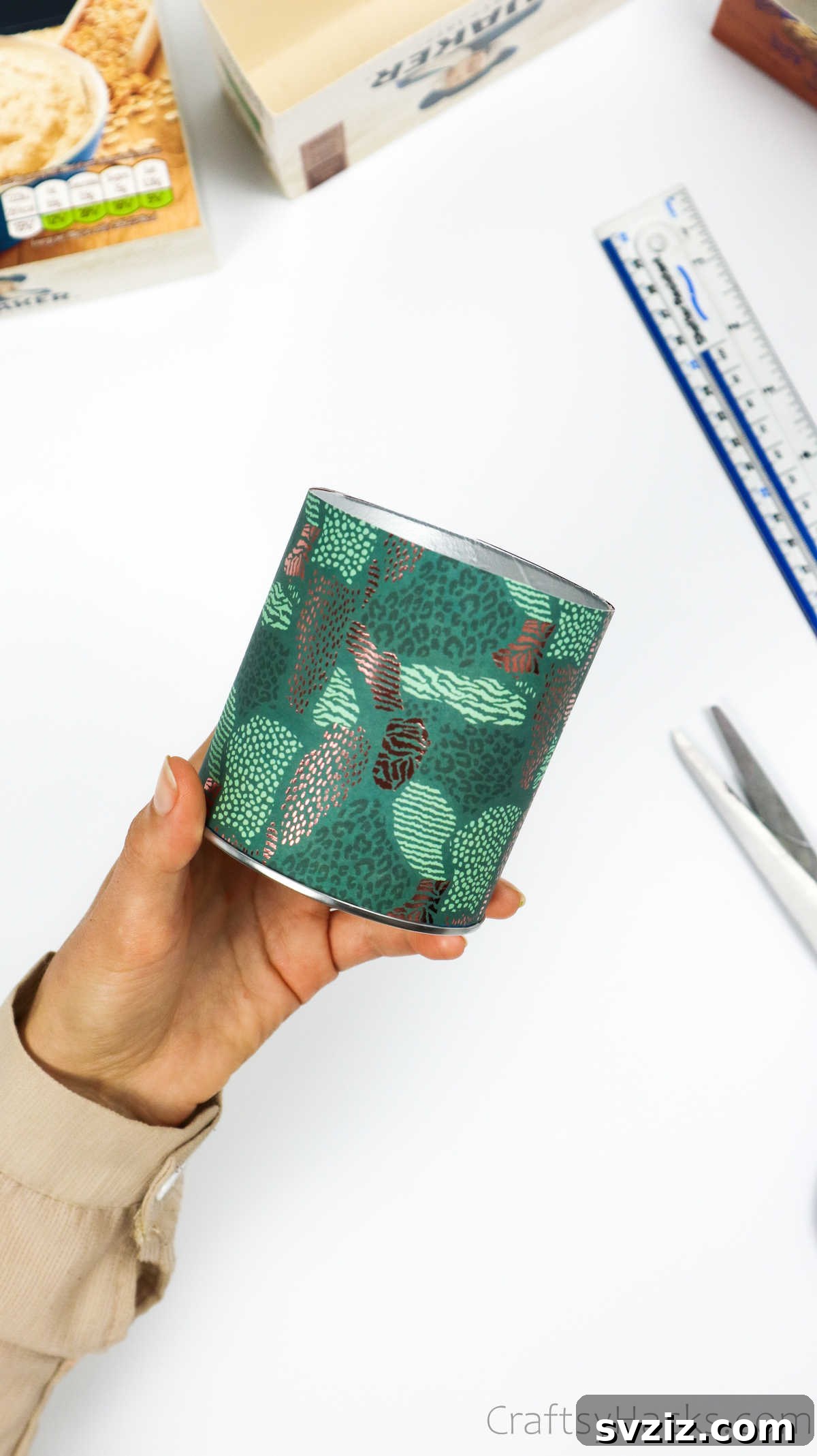 Eco-Chic Desk Organizer from Kitchen Recyclables 29 cylindrical container wrapped in decorative paper