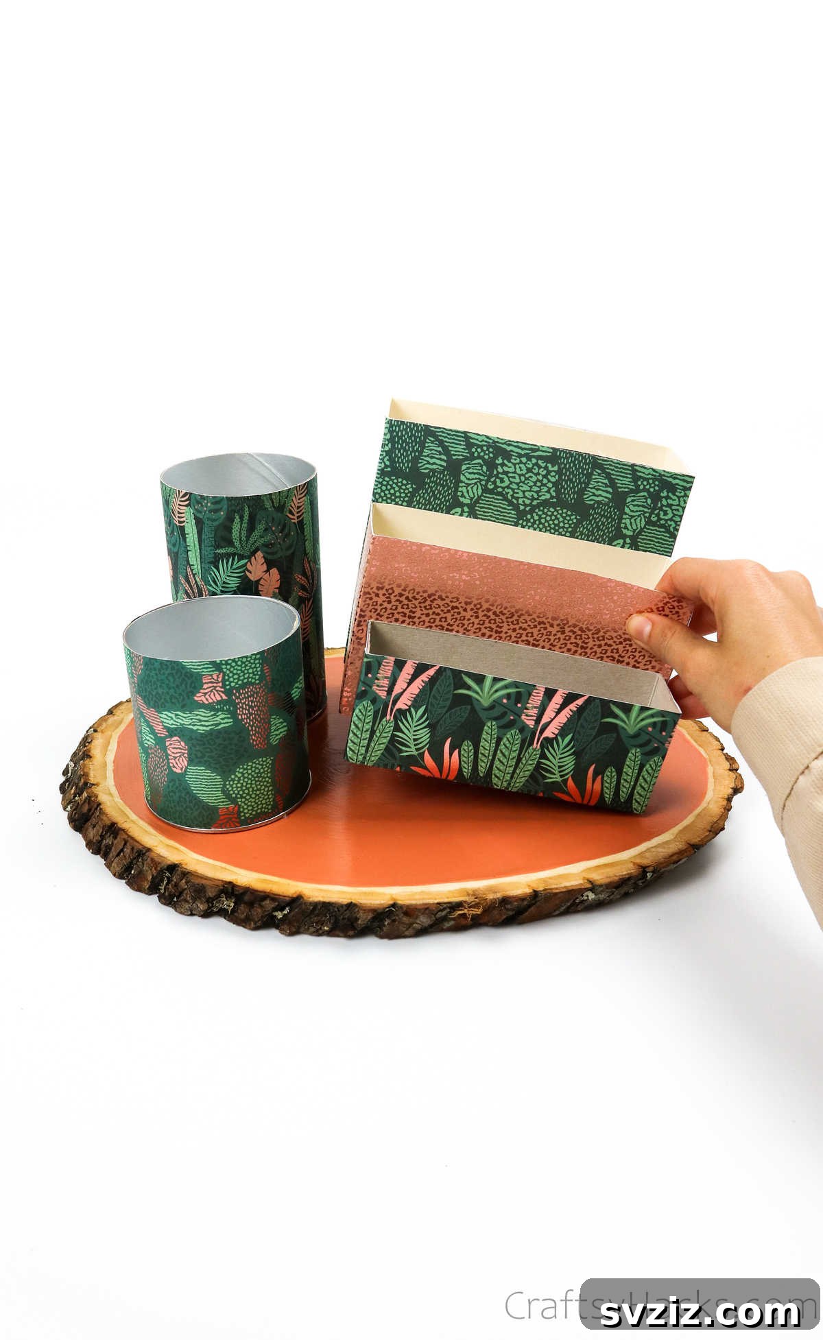 Eco-Chic Desk Organizer from Kitchen Recyclables 44 hot gluing assembled organizers to wooden base