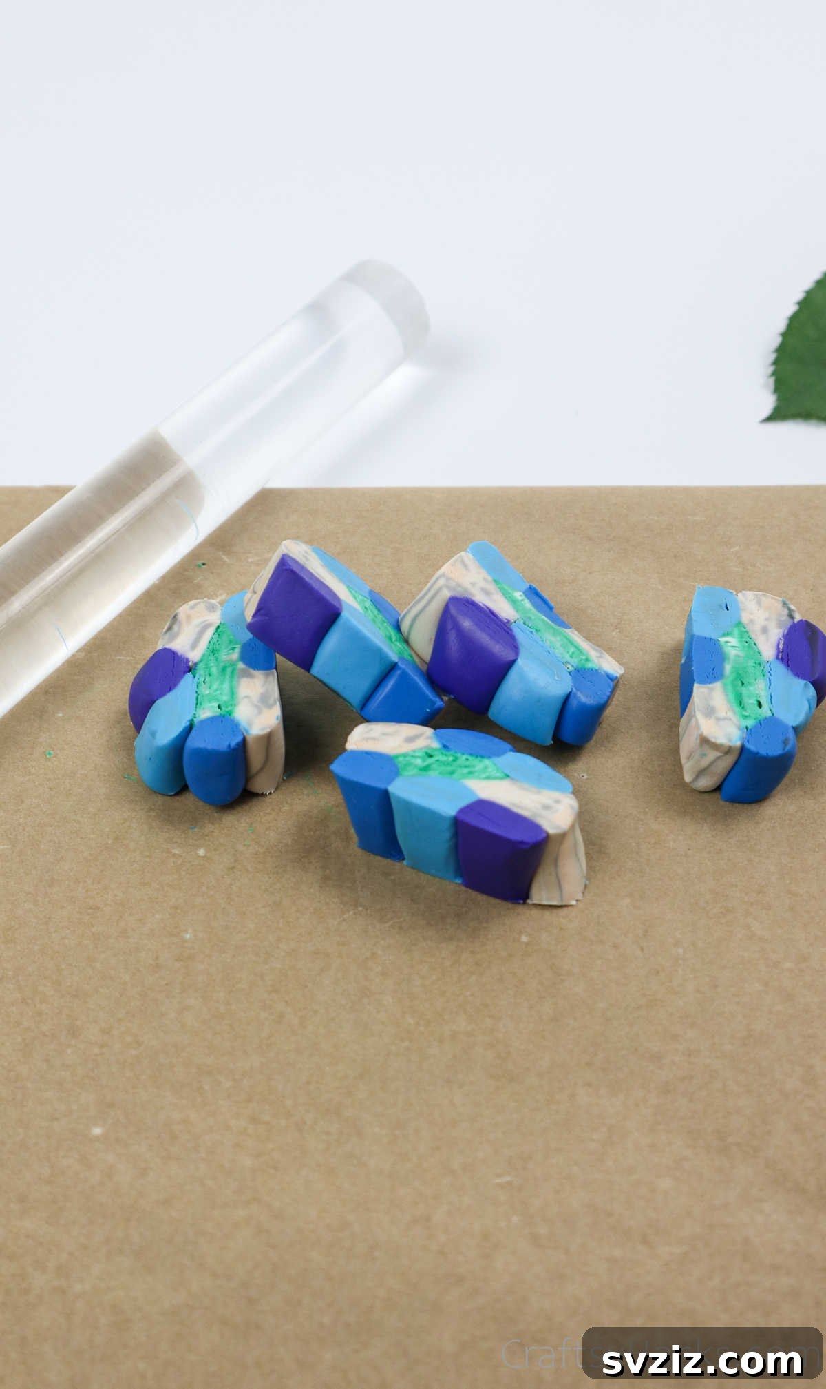Craft Your Own Polymer Clay Earrings 40 Five pieces of multi-colored polymer clay after slicing