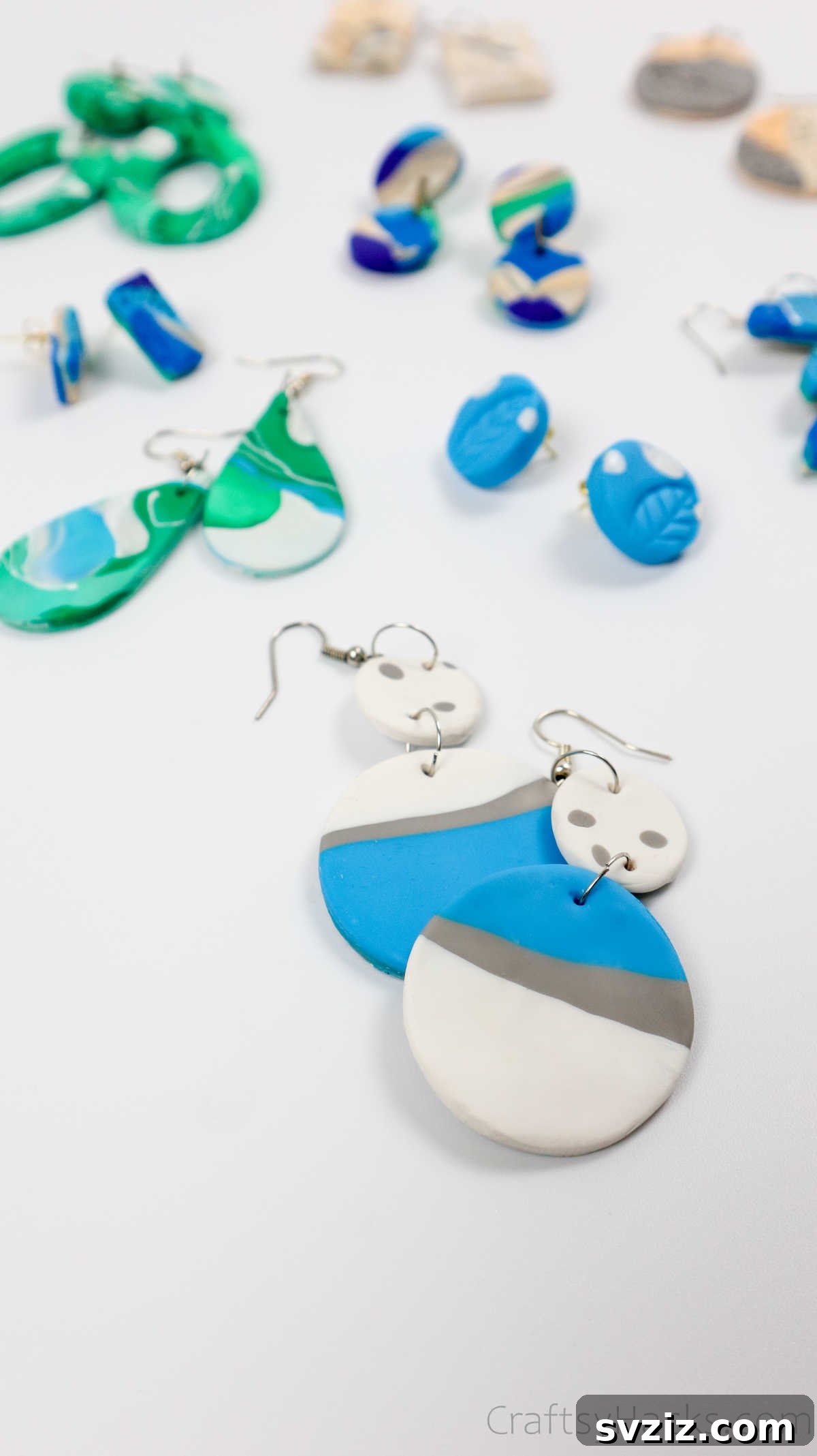 Craft Your Own Polymer Clay Earrings 61 Collection of finished polymer clay earrings on display