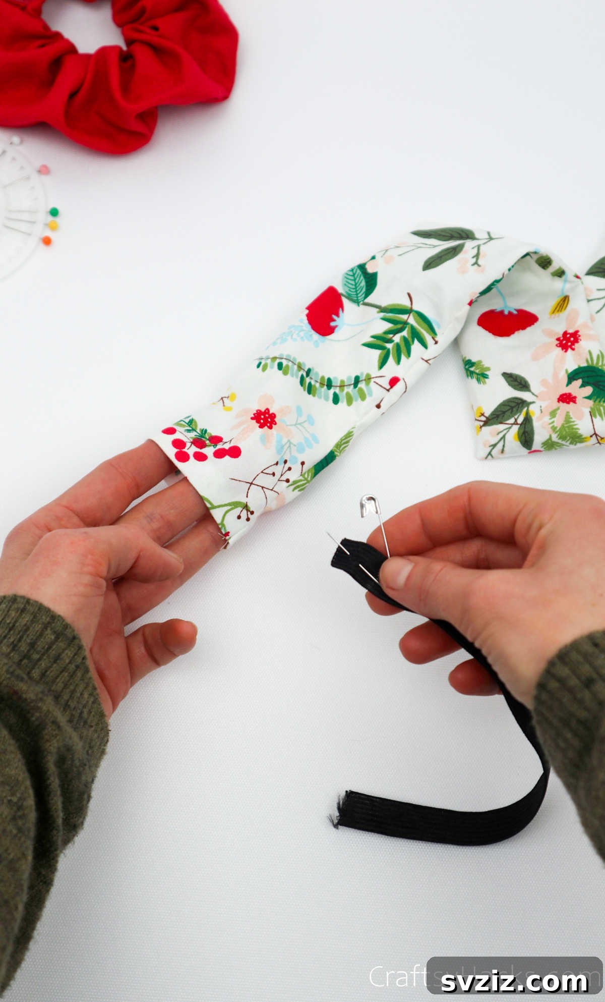 Craft Your Perfect Hair Scrunchie 15 Securing elastic with safety pin to scrunchie fabric end