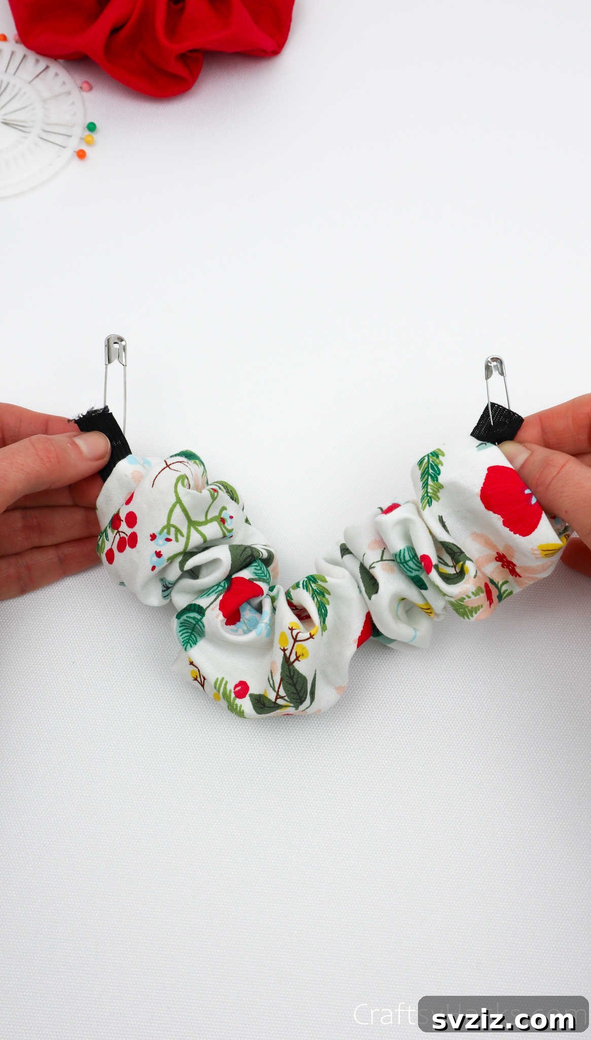 Craft Your Perfect Hair Scrunchie 19 Holding two ends of elastic together for scrunchie