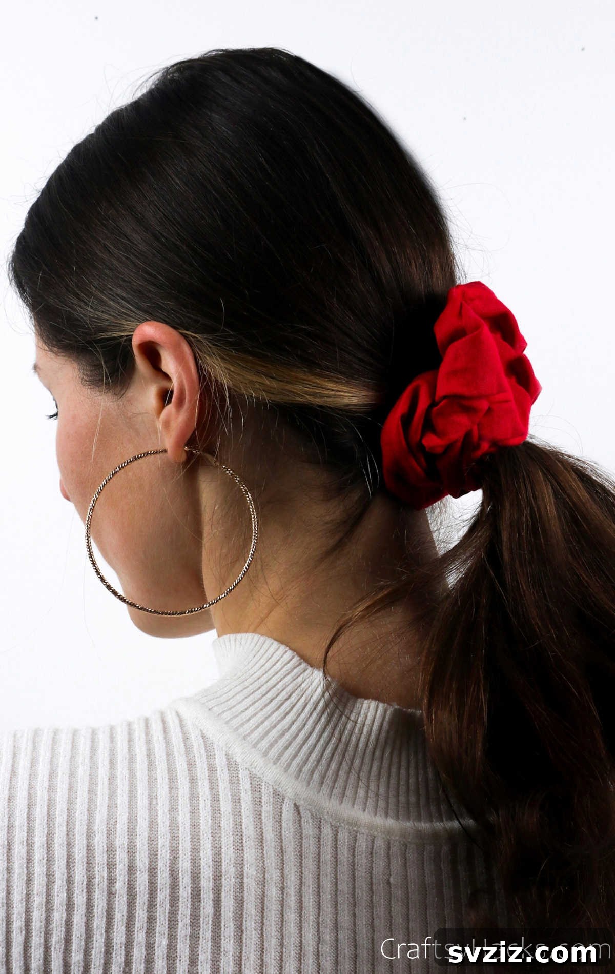 Craft Your Perfect Hair Scrunchie 4 Close-up of a red scrunchie in hair, showcasing texture