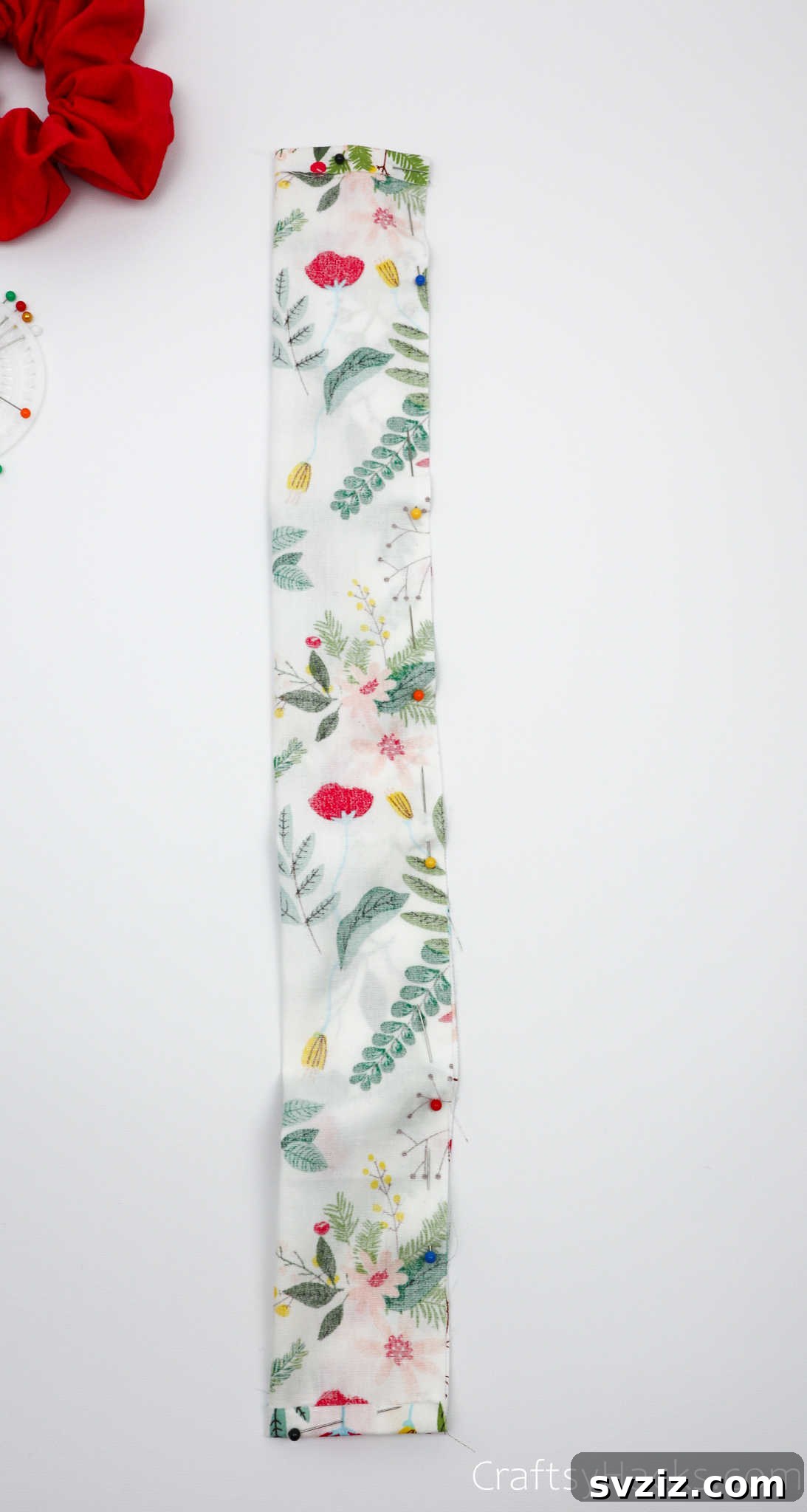 Craft Your Perfect Hair Scrunchie 8 Fabric folded lengthwise and pinned for sewing
