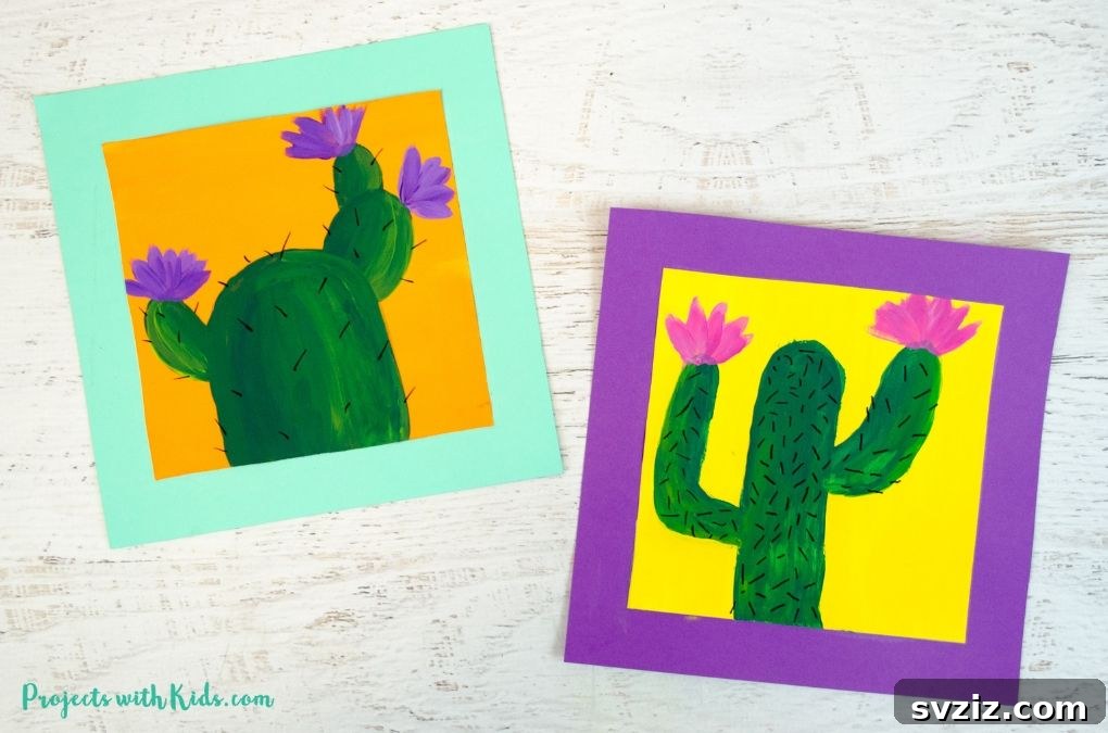 41 Delightful Floral Art Projects 14 Kids Cactus Painting with Beautiful Flowers
