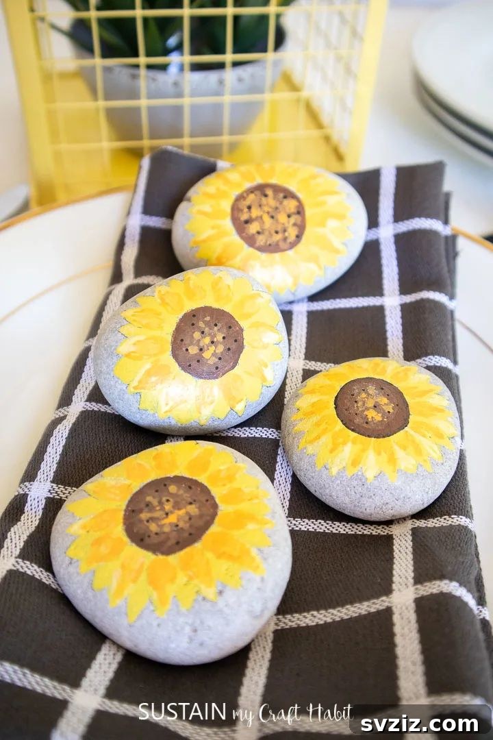 41 Delightful Floral Art Projects 26 Hand-Painted Sunflower Rocks Art