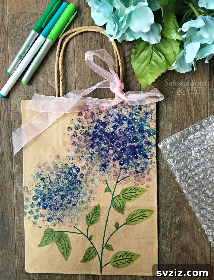 41 Delightful Floral Art Projects 31 DIY Bubblewrap Hydrangea Painting on Gift Bags