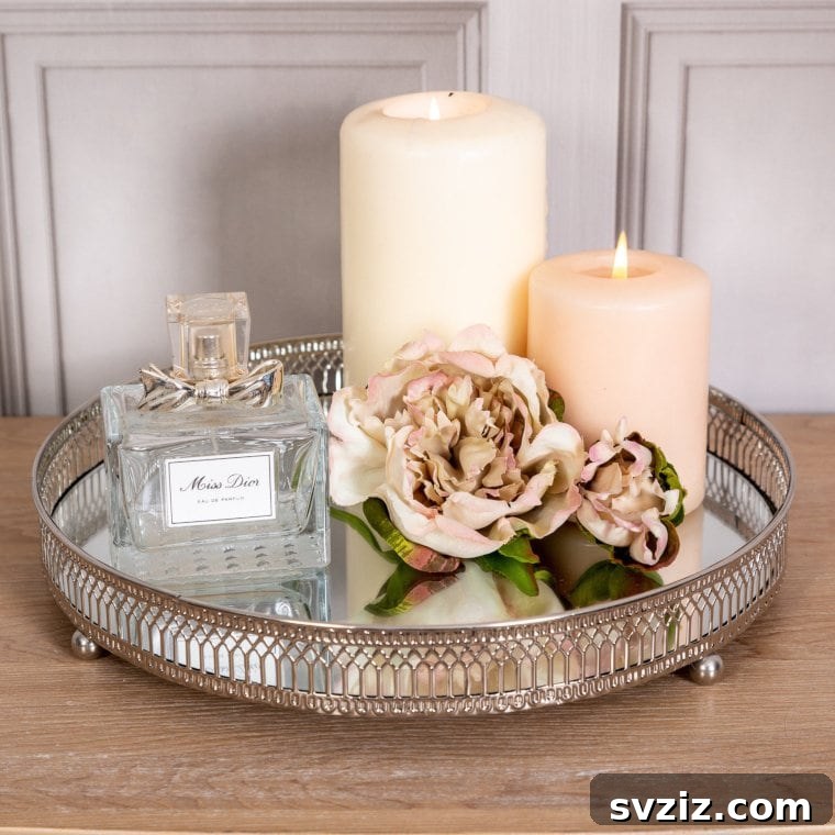 25 Gorgeous Wedding Centerpiece Inspirations 8 Stylish Silver Mirrored Tray Centerpiece