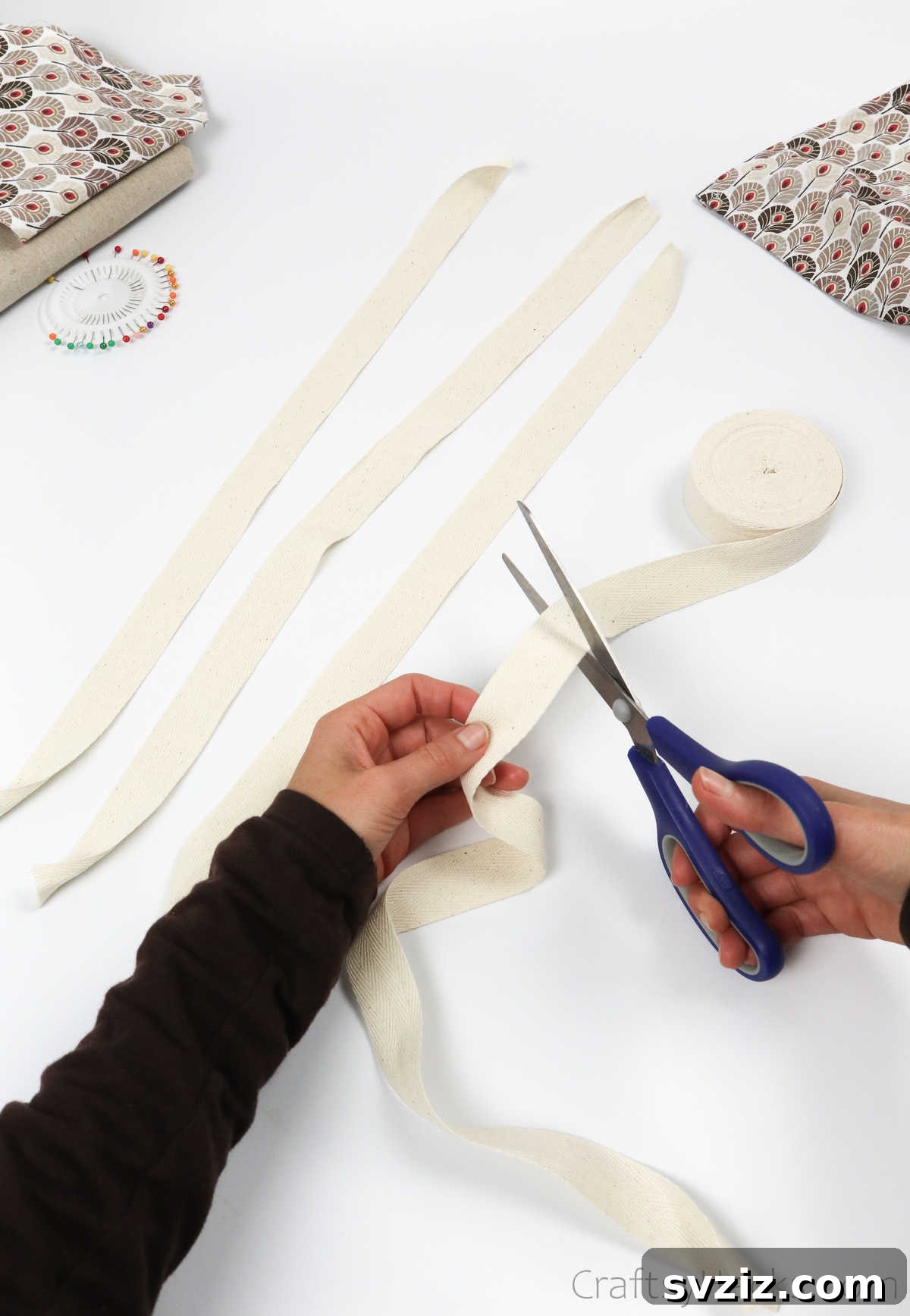 Craft Your Own Custom Apron 28 Cutting cotton ribbon into precise lengths for the apron straps, an essential step for creating a comfortable and secure fit.