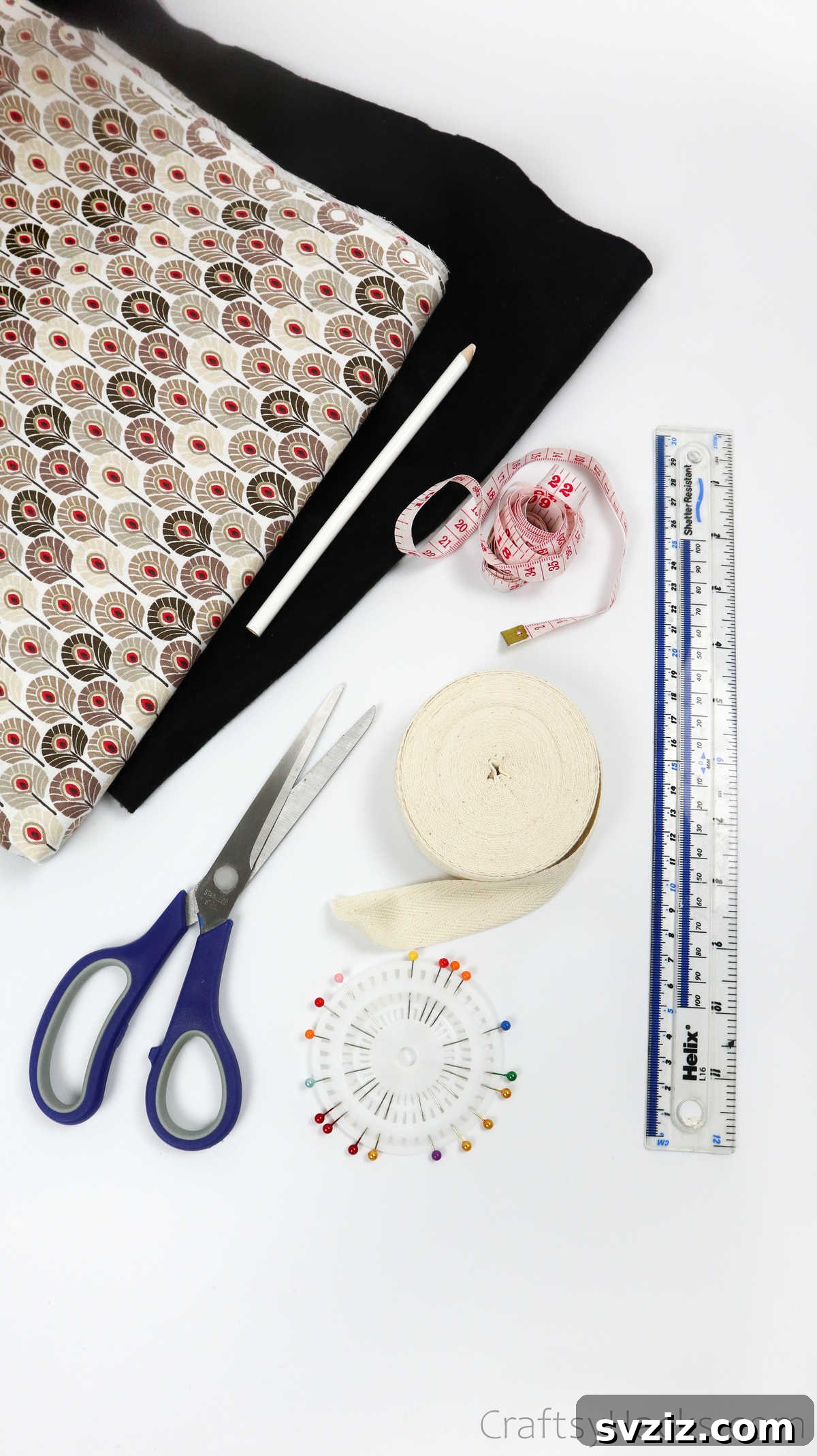 Craft Your Own Custom Apron 5 Gathered craft supplies for making a cute DIY apron, including fabric, scissors, pins, and measuring tools. Perfect for creating handmade gifts and practical sewing projects.