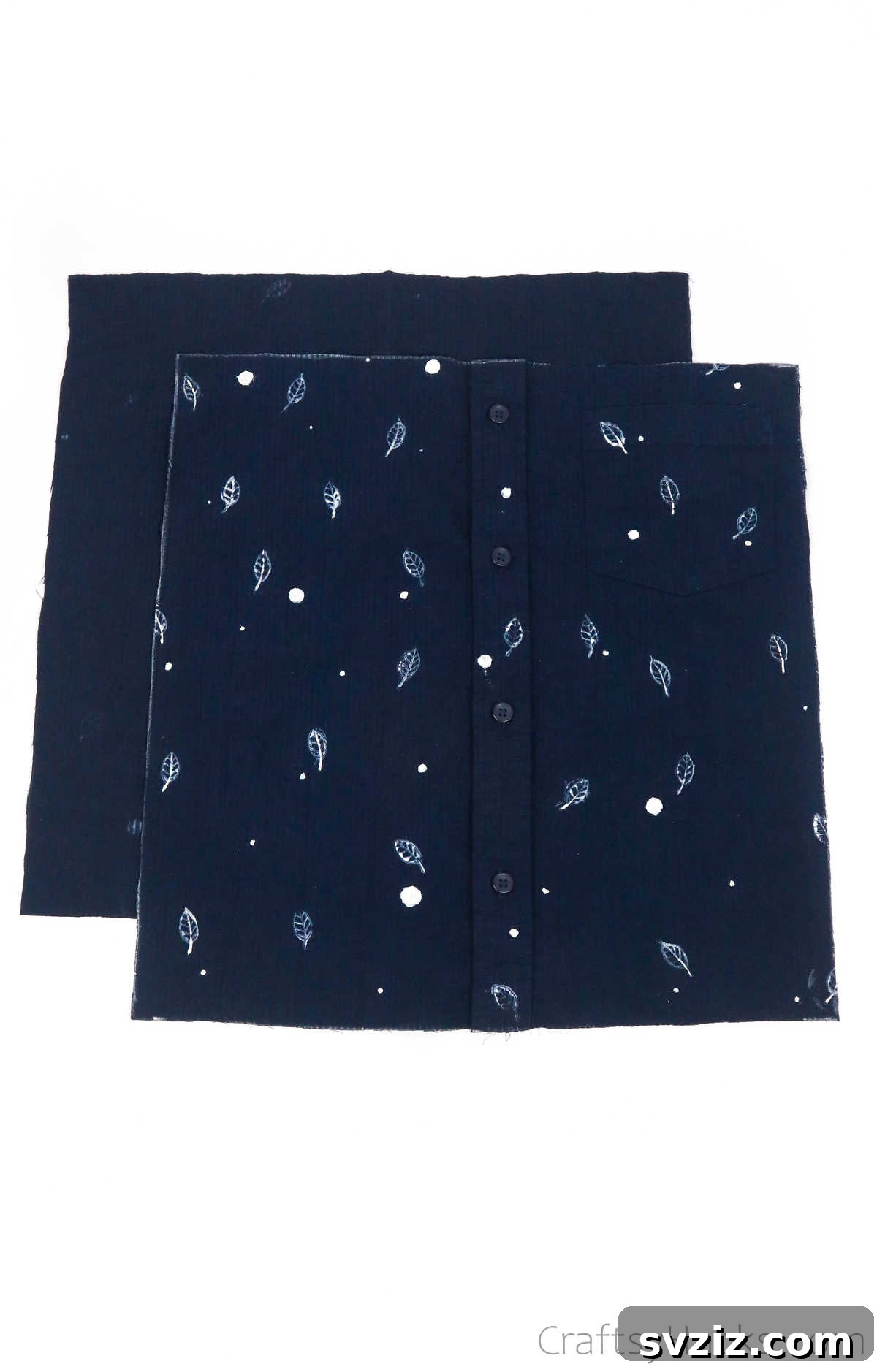 Two cut-out fabric swatches from a shirt, ready for assembly into a DIY tote bag