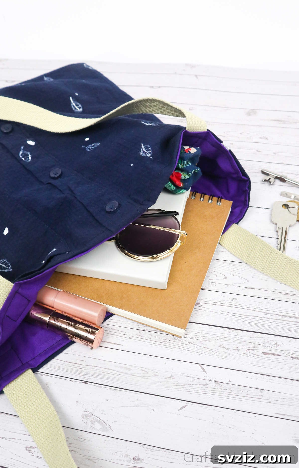Stylish tote bag made from an old shirt, surrounded by accessories, highlighting its versatility