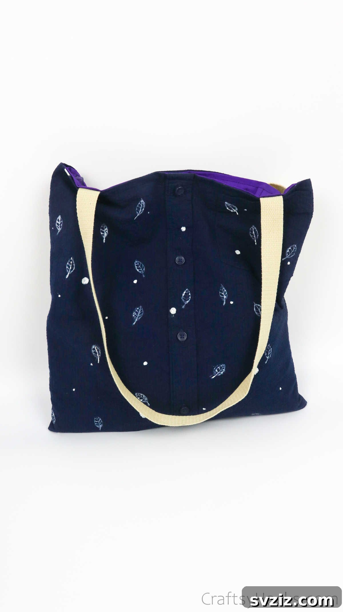 Close-up of a vibrant DIY tote bag from an old shirt, emphasizing craft details and texture