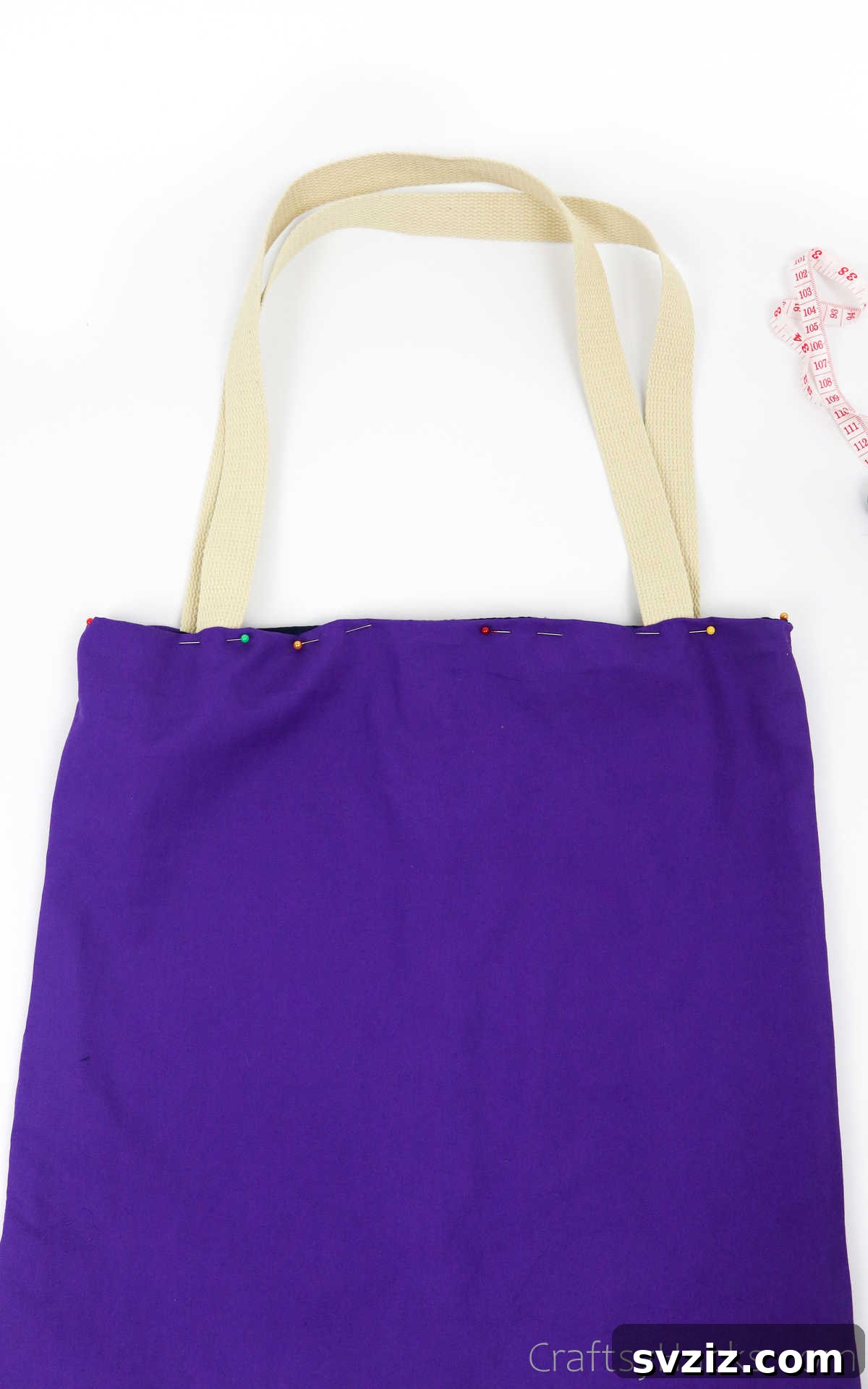 All straps pinned in place on the tote bag, ready for final sewing and reinforcement