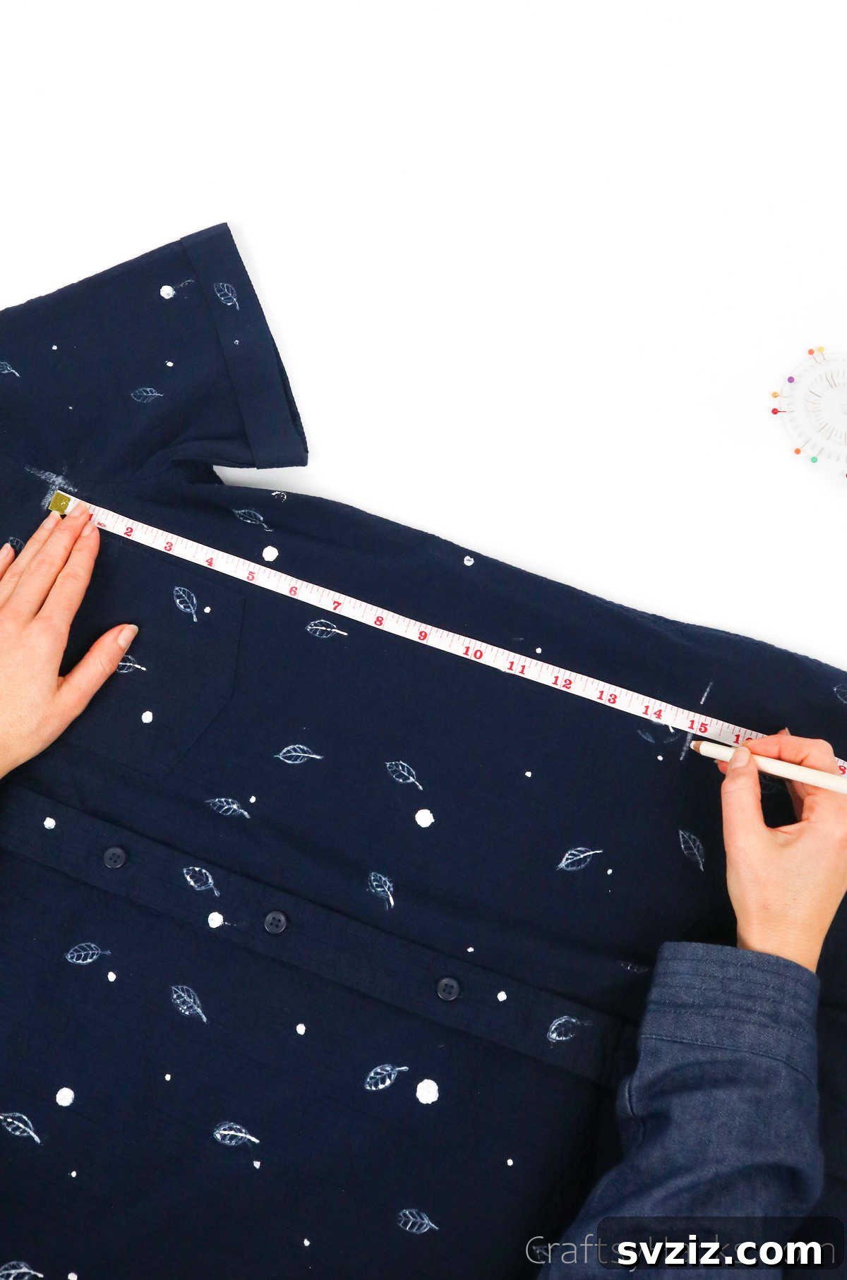 Measuring the length of a shirt for a DIY tote bag, indicating custom sizing options