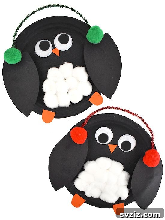 Crafting Smiles: Paper Plate Fun for Kids 11 Charming cotton ball paper plate penguin craft with colorful earmuffs, perfect for winter projects.