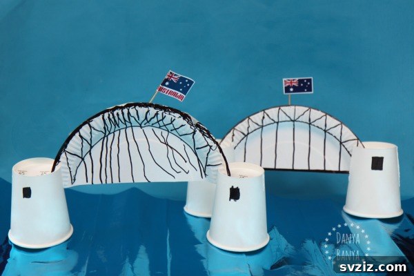 Crafting Smiles: Paper Plate Fun for Kids 21 Detailed paper plate craft of the Sydney Harbour Bridge, incorporating paper cups for structural elements.
