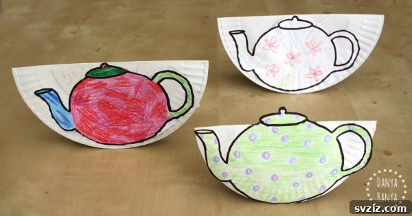 Crafting Smiles: Paper Plate Fun for Kids 23 Creative paper plate tipping teapot craft, painted to look like it's pouring, ideal for imaginative tea parties.