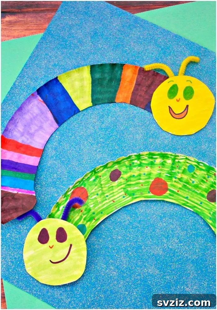 Crafting Smiles: Paper Plate Fun for Kids 31 Vibrant paper plate caterpillar craft with multiple segments, googly eyes, and colorful patterns.