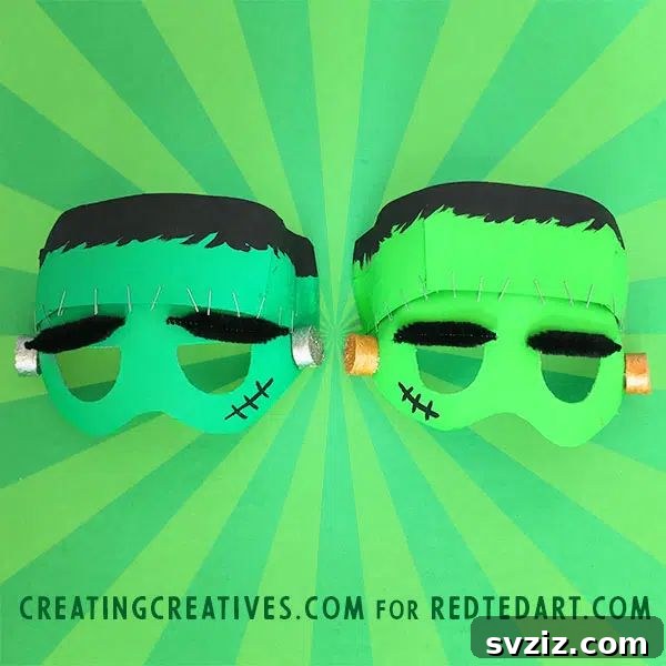 Crafting Smiles: Paper Plate Fun for Kids 36 Green paper plate Frankenstein mask with stitched forehead, bolts, and bushy eyebrows, perfect for Halloween.
