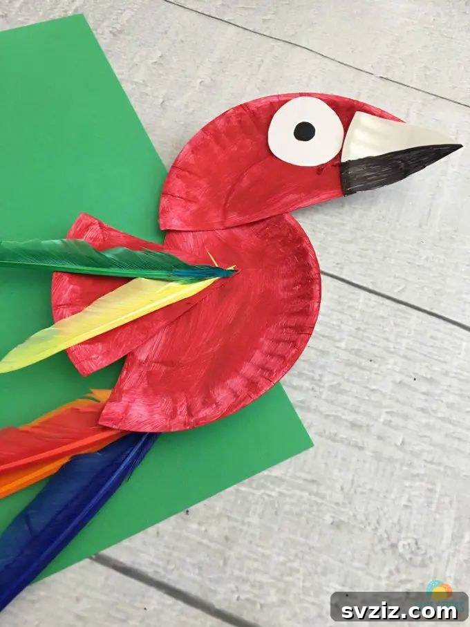 Crafting Smiles: Paper Plate Fun for Kids 40 Colorful paper plate parrot craft with real craft feathers for wings, showcasing tropical vibrancy.