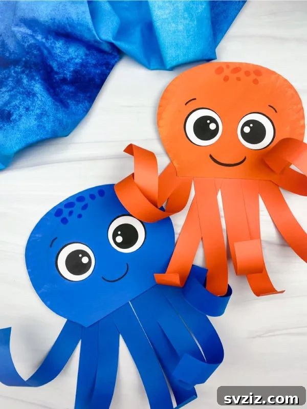 Crafting Smiles: Paper Plate Fun for Kids 46 Vibrant purple paper plate octopus craft with curly tentacles, googly eyes, and a cheerful smile.