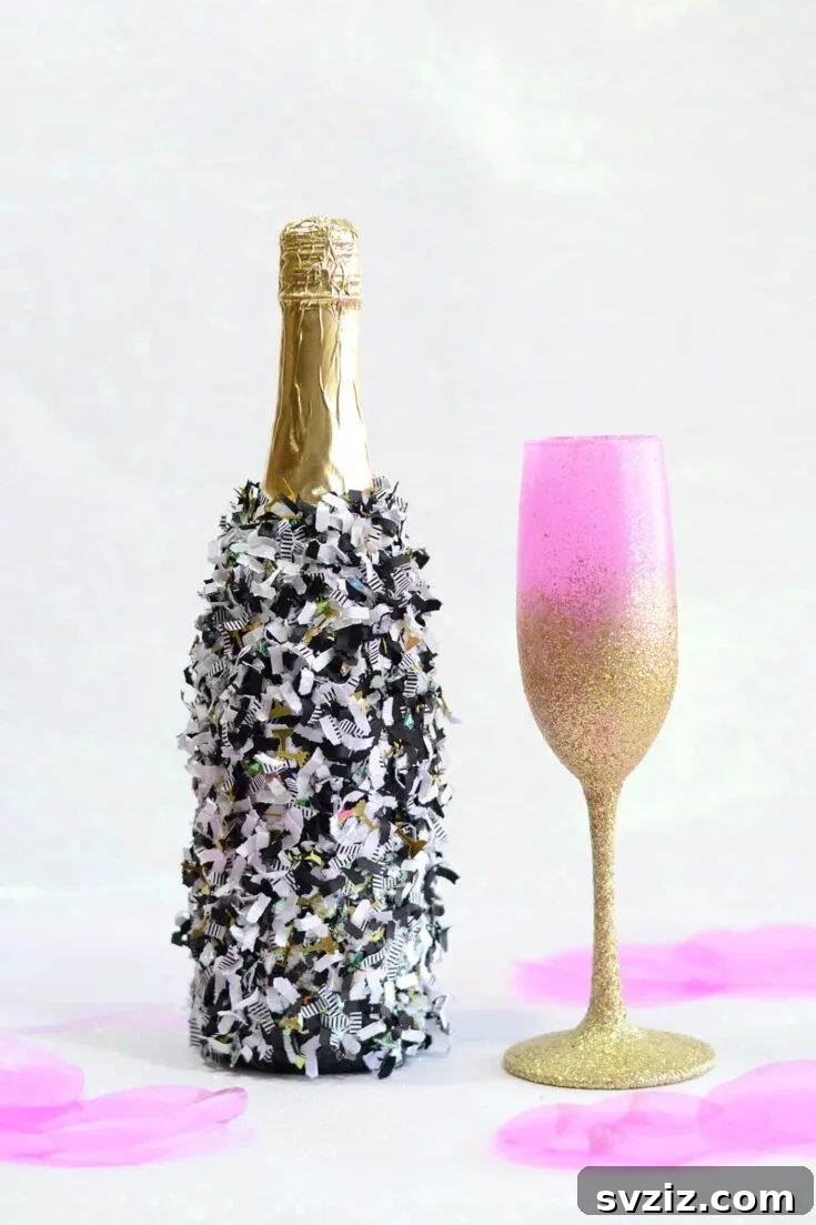 Effortless Elegance: 51 DIY Party Decor Ideas 31 Sparkling Confetti Champagne Bottle Decor