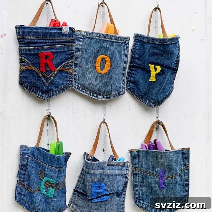 Unlock Your Productivity: Clever DIY Desk Organization 25 Hanging Pockets from Old Jeans