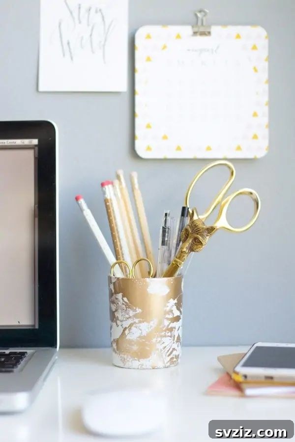 Unlock Your Productivity: Clever DIY Desk Organization 31 Gold Marbled Pencil Cup