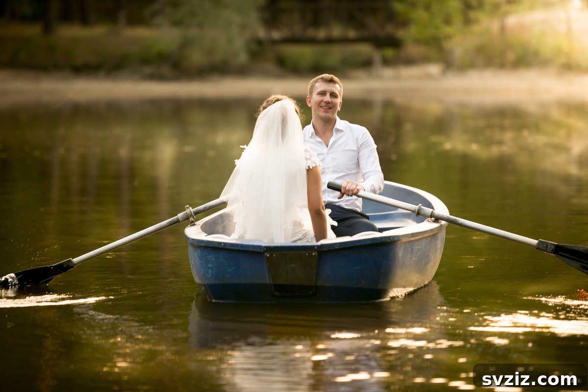 A newlywed couple departing on a small, elegantly decorated boat