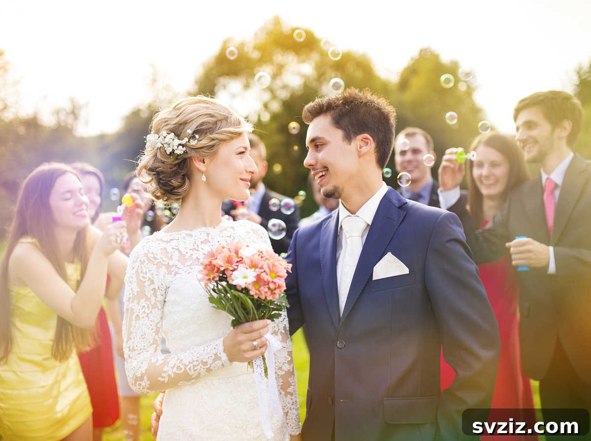 A wedding couple exiting amidst a shower of bubbles from their guests