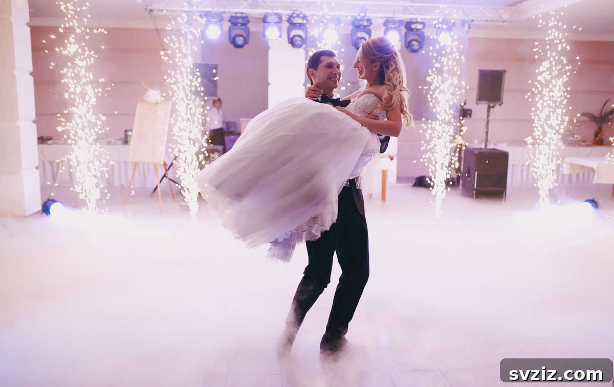 A wedding couple embracing amidst a vibrant cloud of colored smoke