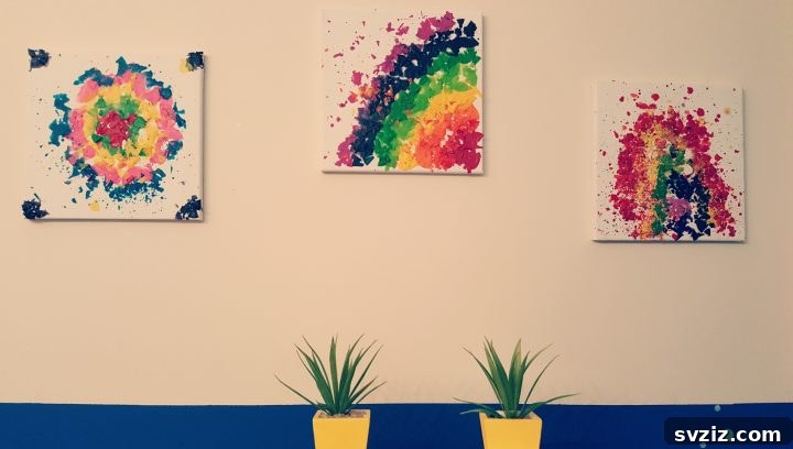 Vibrant melted crayon art created by children, using crayon shavings and sun exposure for unique abstract designs.