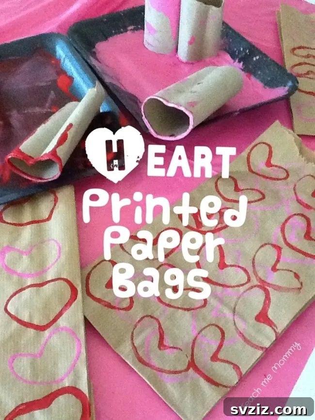 Brown paper bags decorated with heart prints made from bent toilet paper rolls, a simple and frugal craft for kids.