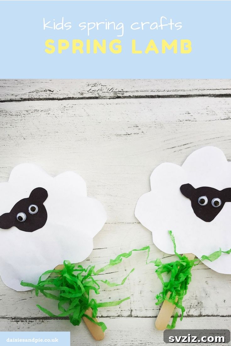 An easy and adorable spring lamb craft on a popsicle stick with fluffy cotton, perfect for young kids.