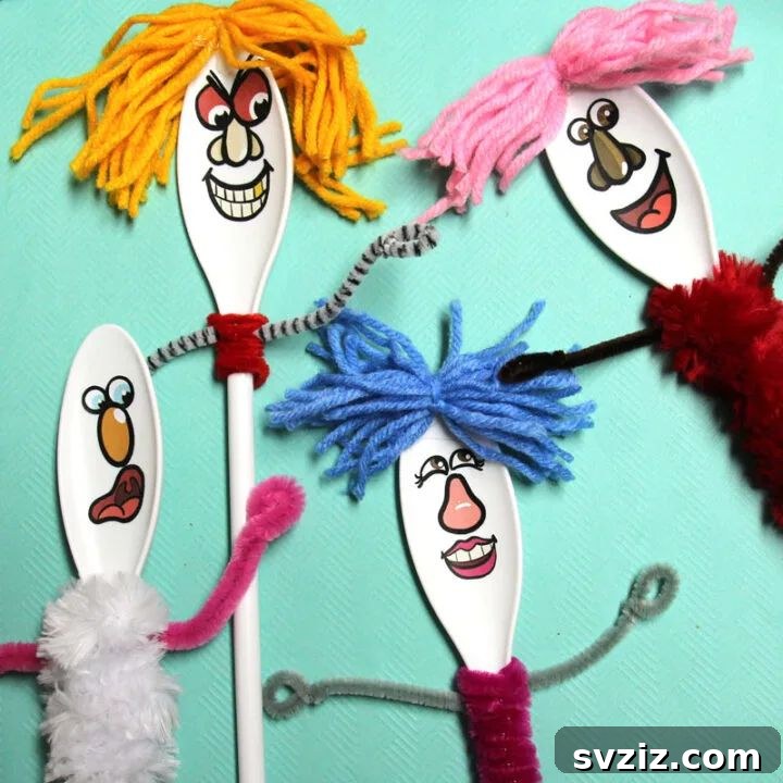 Assorted wooden spoon puppets with different faces and yarn hair, ready for a fun puppet show.