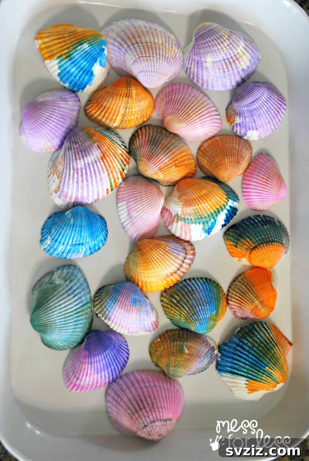 Vibrant watercolor painted seashells, a creative and sensory activity for kids to explore colors.