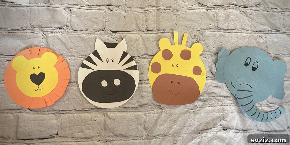 A collection of colorful zoo animal crafts made from construction paper, perfect for teaching animal recognition.